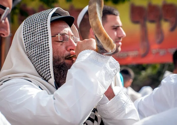 Yahudi hasid Shofar darbeler. Uman, Ukrayna - 21 Eylül 2017: Rosh Hashanah, Yahudi yeni yılı.