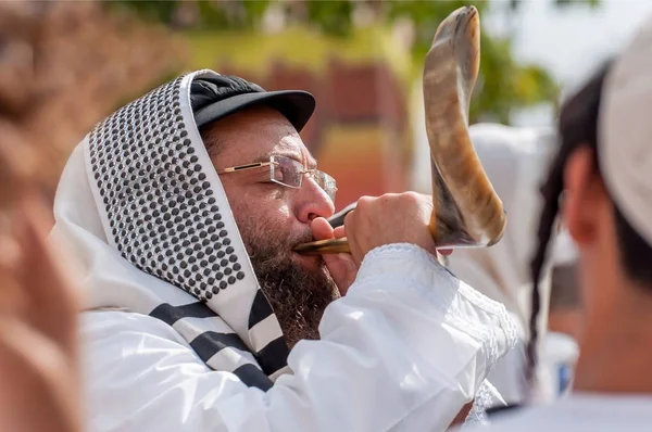 Yahudi hasid Shofar darbeler. Uman, Ukrayna - 21 Eylül 2017: Rosh Hashanah, Yahudi yeni yılı.