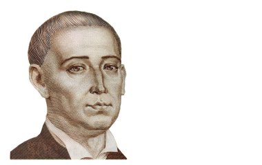 Grigory Skovoroda portresi, Ukraynalı filozof, Ukrayna banknotu 500 Hryvnia 'da şair ve öğretmen. Yakın çekim, yüksek çözünürlüklü fotoğraf. Gözlemci taraf.