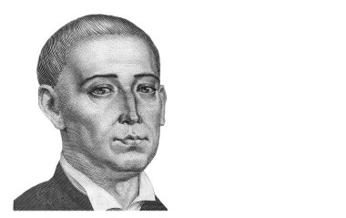 Grigory Skovoroda portresi, Ukraynalı filozof, Ukrayna banknotu 500 Hryvnia 'da şair ve öğretmen. Yakın çekim, yüksek çözünürlüklü fotoğraf. Gözlemci taraf.