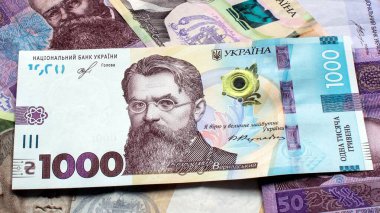 Diğer banknotların arka planında 1000 Hryvnia, Ukrayna banknotu var. Faturada Vladimir Vernadsky 'nin bir portresi var. 25 Ekim 2019 'da serbest bırakıldı. Kan dolaşımı olmadan yakın çekim. Ön taraf..