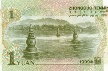Çin 'den 1 yuan 1999 banknot. Parça. Yüksek çözünürlüklü. Arka taraf..
