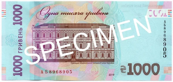 ESPECIMEIROS. 1000 hryvnia, nota ucraniana emitida em 2019. Retrato do edifício do Presidium da Academia Nacional de Ciências da Ucrânia. Close-Up, Uncirculado. Alta resolução. Parte de trás . — Fotografia de Stock