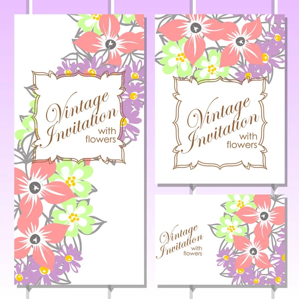 Ensemble de cartes d'invitation florales vintage — Image vectorielle