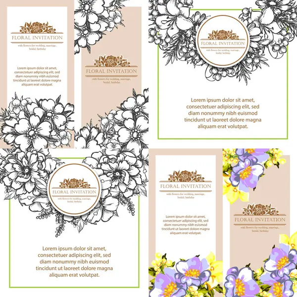 Conjunto de tarjetas de invitación floral — Vector de stock