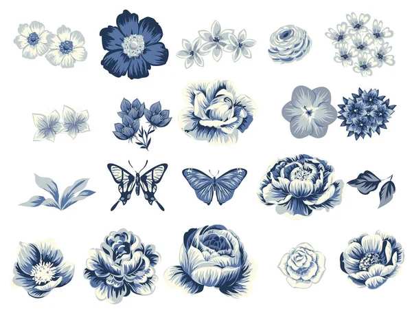 Beyaz arka plan üzerinde izole dört süslü çiçekler kümesi