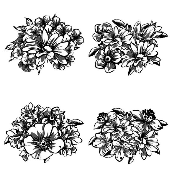 Set Four Ornate Flower Bouquets Isolated White Background — Stock Vector