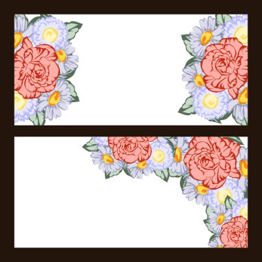 Vintage tarzı süslü çiçek düğün kartı. Renkli çiçek öğeleri