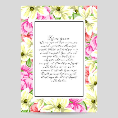 Vintage tarzı süslü çiçek kartı. Renkli çiçek öğeleri