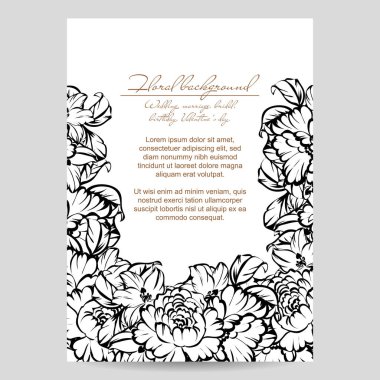 Vintage tarzı süslü çiçek düğün kartı. Kontur çiçek öğeleri