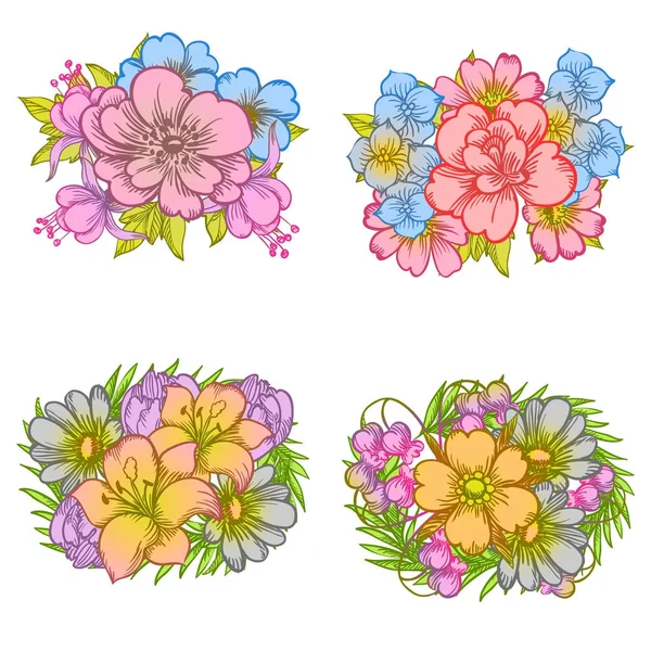 Set Four Colorful Flower Bouquets Isolated White Background — Stock Vector