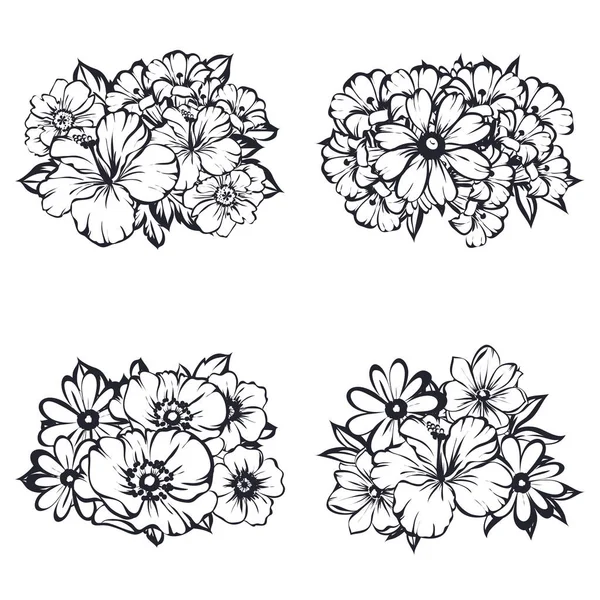 Készlet Ból Négy Díszes Virág Csokrok Elszigetelt Fehér Background — Stock Vector