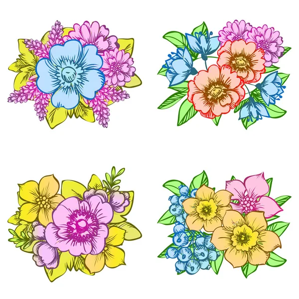 Ensemble Quatre Bouquets Fleurs Colorées Isolées Sur Fond Blanc — Image vectorielle