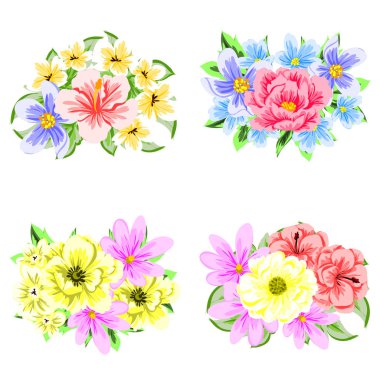 Beyaz arka plan üzerinde izole dört renkli çiçek buketleri kümesi