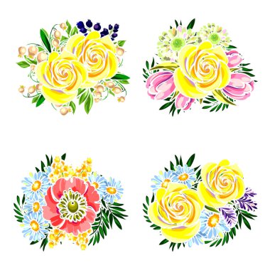 Beyaz arka plan üzerinde izole dört renkli çiçek buketleri kümesi