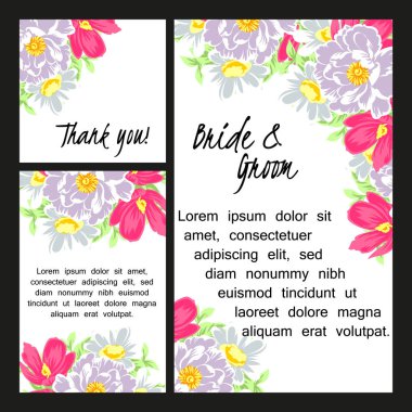 Vintage tarzı süslü çiçek düğün kartı. Renkli çiçek öğeleri