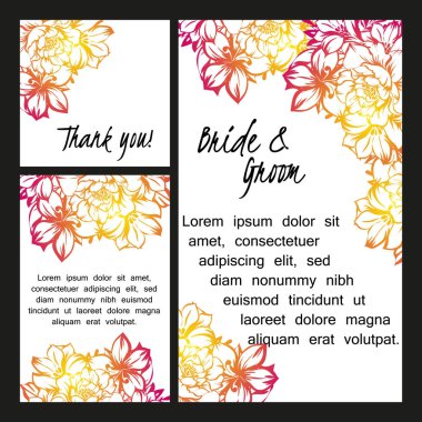 Vintage tarzı süslü çiçek düğün kartı. Kontur çiçek öğeleri