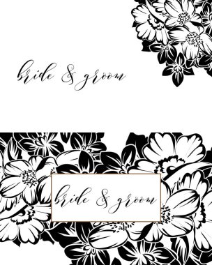 Vintage tarzı süslü çiçek düğün kartı. Kontur çiçek öğeleri