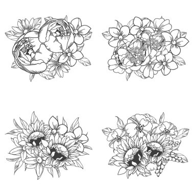 Beyaz arka plan üzerinde izole dört süslü çiçek buketleri kümesi