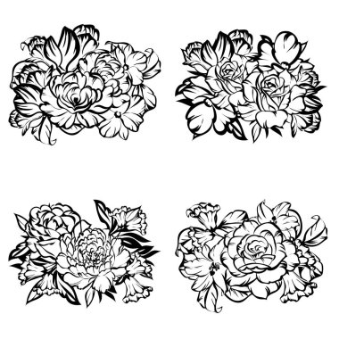 Beyaz arka plan üzerinde izole dört süslü çiçek buketleri kümesi