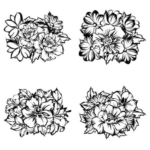 Conjunto Cuatro Ramos Flores Adornadas Aisladas Sobre Fondo Blanco — Archivo Imágenes Vectoriales