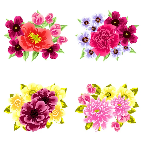 Beyaz Arka Plan Üzerinde Izole Dört Renkli Çiçek Buketleri Kümesi — Stok Vektör