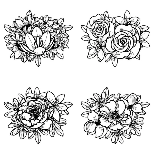 Ensemble Quatre Bouquets Fleurs Ornées Isolées Sur Fond Blanc — Image vectorielle