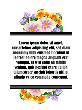 Vintage tarzı süslü çiçek kartı. Renkli çiçek öğeleri