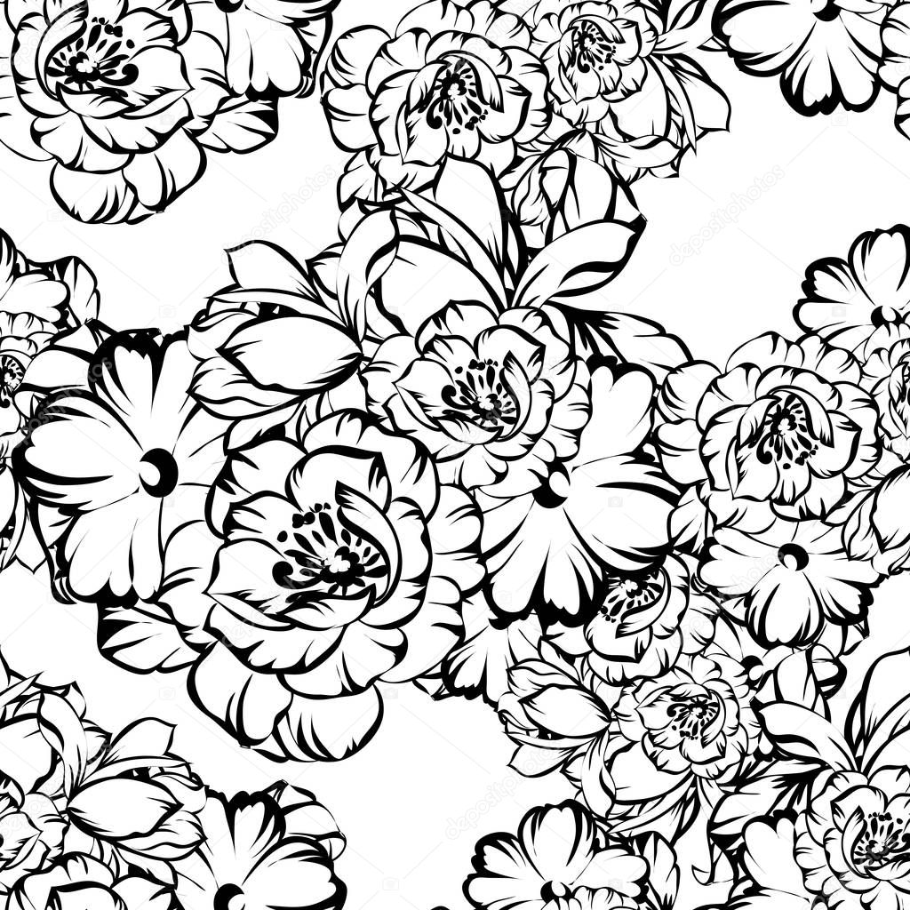 Seamless vintage style ornate flower pattern. Floral elements in contour