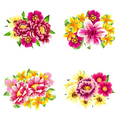 Beyaz arka plan üzerinde izole dört renkli çiçek buketleri kümesi
