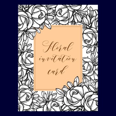 Vintage tarzı süslü çiçek düğün kartı. Kontur çiçek öğeleri