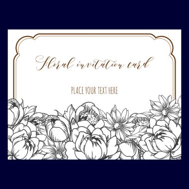 Vintage tarzı süslü çiçek düğün kartı. Kontur çiçek öğeleri