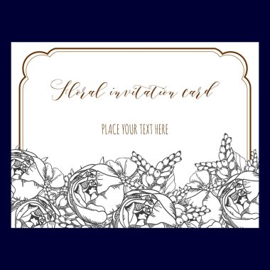 Vintage tarzı süslü çiçek düğün kartı. Kontur çiçek öğeleri