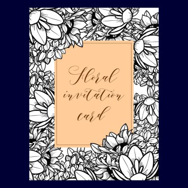 Vintage tarzı süslü çiçek düğün kartı. Kontur çiçek öğeleri