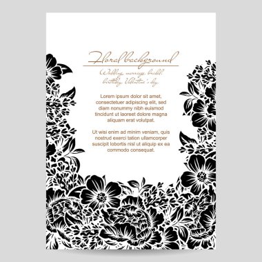 Vintage tarzı süslü çiçek düğün kartı. Kontur çiçek öğeleri