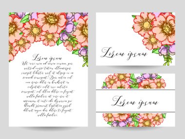 Klasik çiçek düğün kartları seti. Çiçek renginde elementler