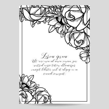 Vintage tarzı süslü çiçek düğün kartı. Kontur çiçek öğeleri