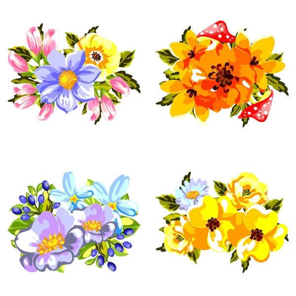 Set Von Vier Bunten Blumensträußen Isoliert Auf Weißem Hintergrund — Stockvektor