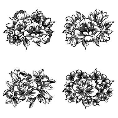 Beyaz arka plan üzerinde izole dört süslü çiçek buketleri kümesi