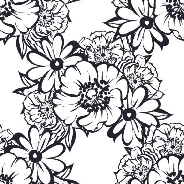 Kusursuz eski tarz süslemeli çiçek deseni. Çiçeksel elementler konturda