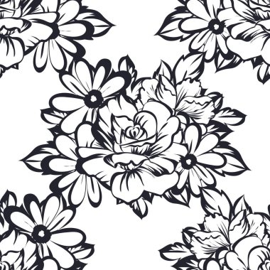 Kusursuz eski tarz süslemeli çiçek deseni. Çiçeksel elementler konturda