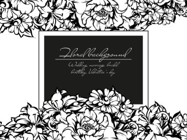 Vintage tarzı süslü çiçek düğün kartı. Kontur çiçek öğeleri