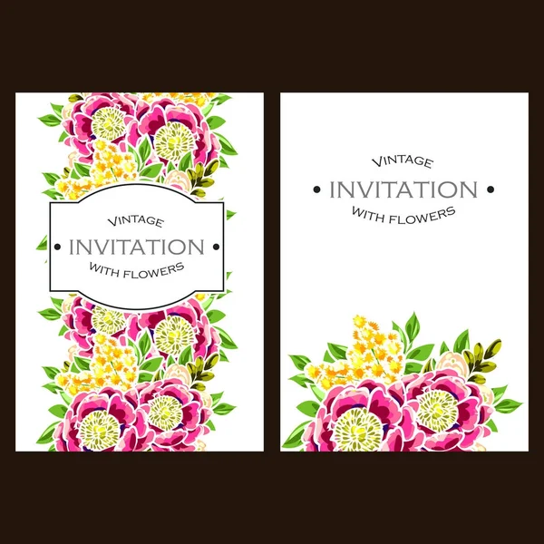 Vintage Style Flower Wedding Cards Set Floral Elements Color — Stock Vector