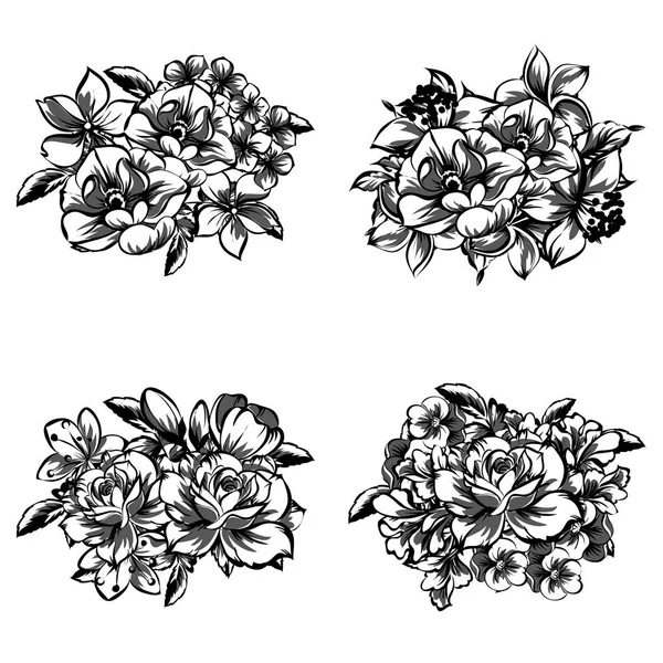 Sada Čtyř Ornamentální Květinové Kytice Izolovaných Bílém Pozadí — Stockový vektor