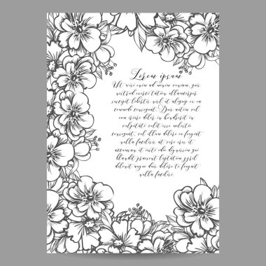 Vintage tarzı süslü çiçek düğün kartı. Kontur çiçek öğeleri