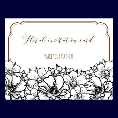 Vintage tarzı süslü çiçek düğün kartı. Kontur çiçek öğeleri