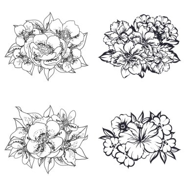 Beyaz arka plan üzerinde izole dört süslü çiçek buketleri kümesi