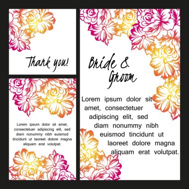 Vintage tarzı süslü çiçek düğün kartı. Kontur çiçek öğeleri