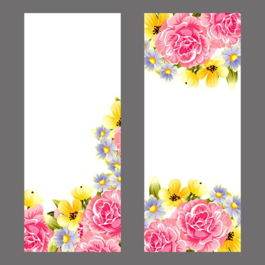 Vintage tarzı süslü çiçek kartı. Renkli çiçek öğeleri