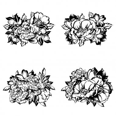 Beyaz arka plan üzerinde izole dört süslü çiçek buketleri kümesi